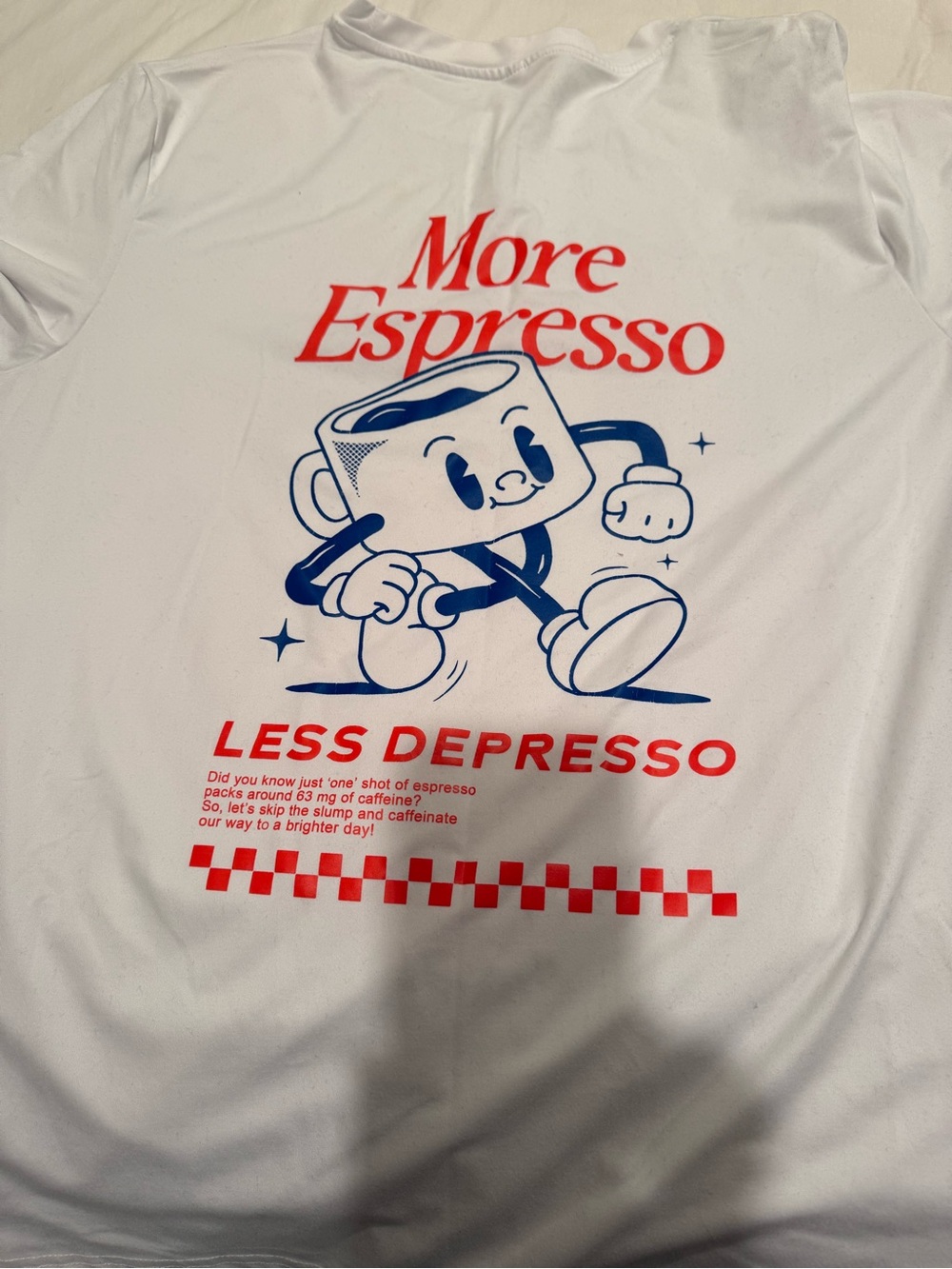 More Espresso Less Depresso Graphic Tee - White with Red & Blue Print